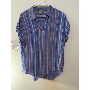 Como Vintage‎ Flutter Sleeve Blue Striped Button Down Shirt Women's Size M